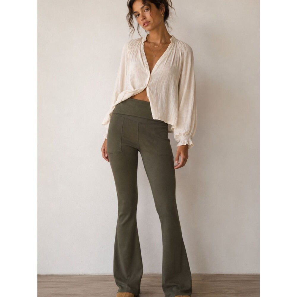 NWT Offline  by Aerie L/G Olive Ribbed Flare Leggings Foldover Waist Pockets